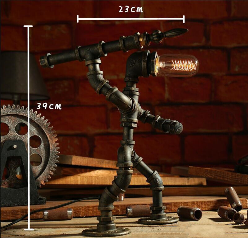 Robot Industrial Pipe Table Lamp - Vintage Retro Loft Metal Desk Light - Nox Decor Lighting