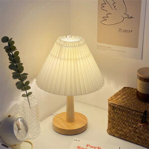 USB Pleated Table Lamp - Korean Style Cream Linen Desk Light for Bedroom - Nox Decor Lighting